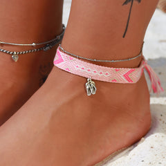 Tongs en coton à bride cheville, motif aztèque rose argenté