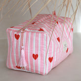 Blockprint toiletry bag heart pink