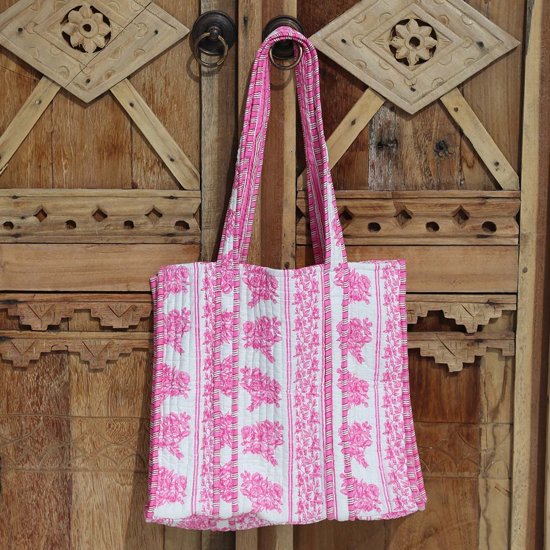Block print shoulder bag pink turquoise