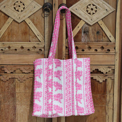 Block print shoulder bag pink turquoise