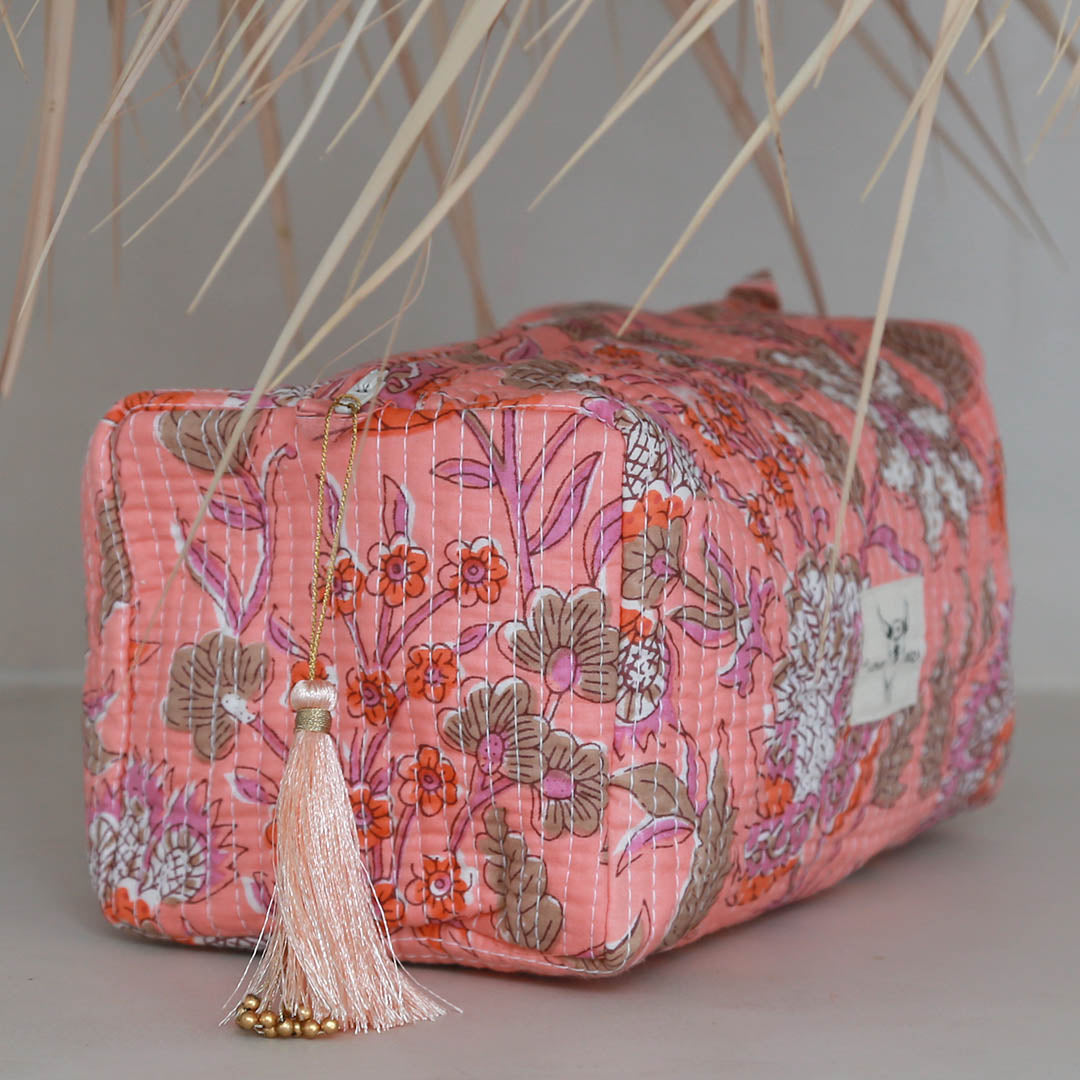 Trousse de toilette Blockprint Fez corail fleur lilas M