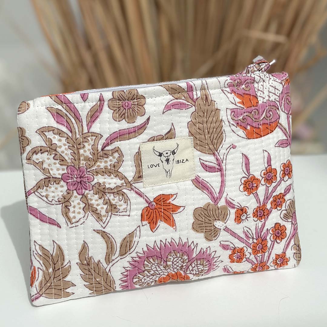 Make up tasje bloem beige oranje