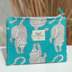 Make up tasje luipaard turquoise