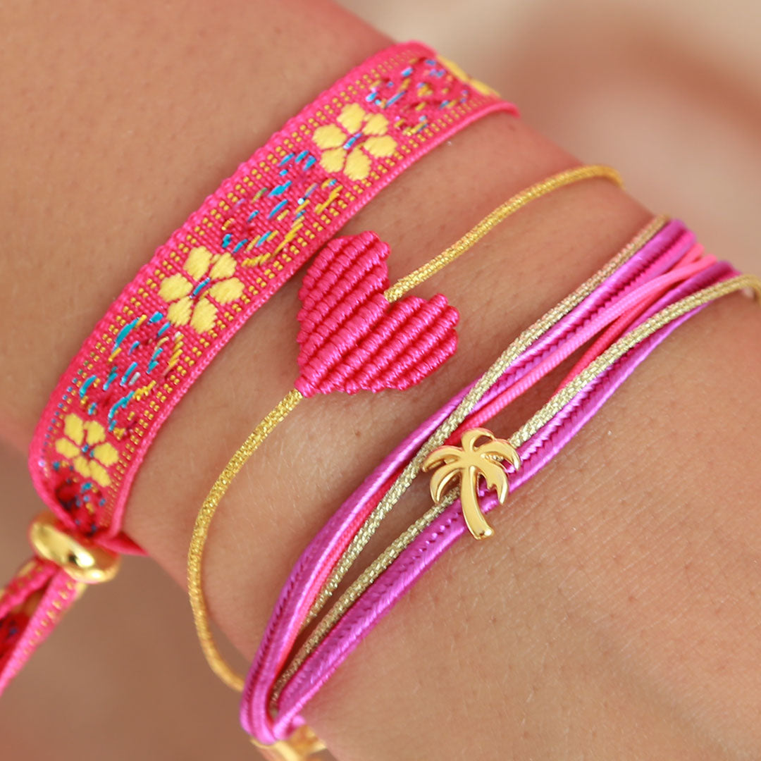 Geweven armbandje flower pink yellow