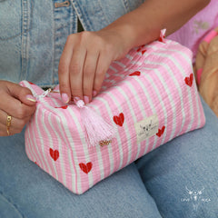 Blockprint toiletry bag heart pink