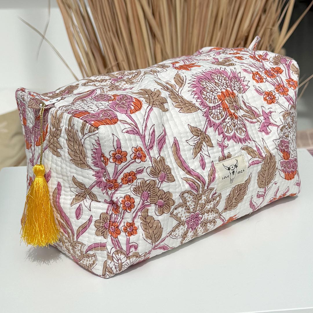 Toilettas bloem beige oranje L