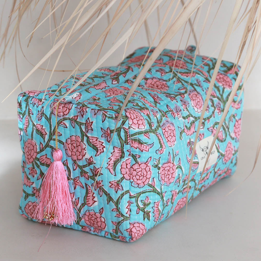Blockprint toilettas bloem blauw