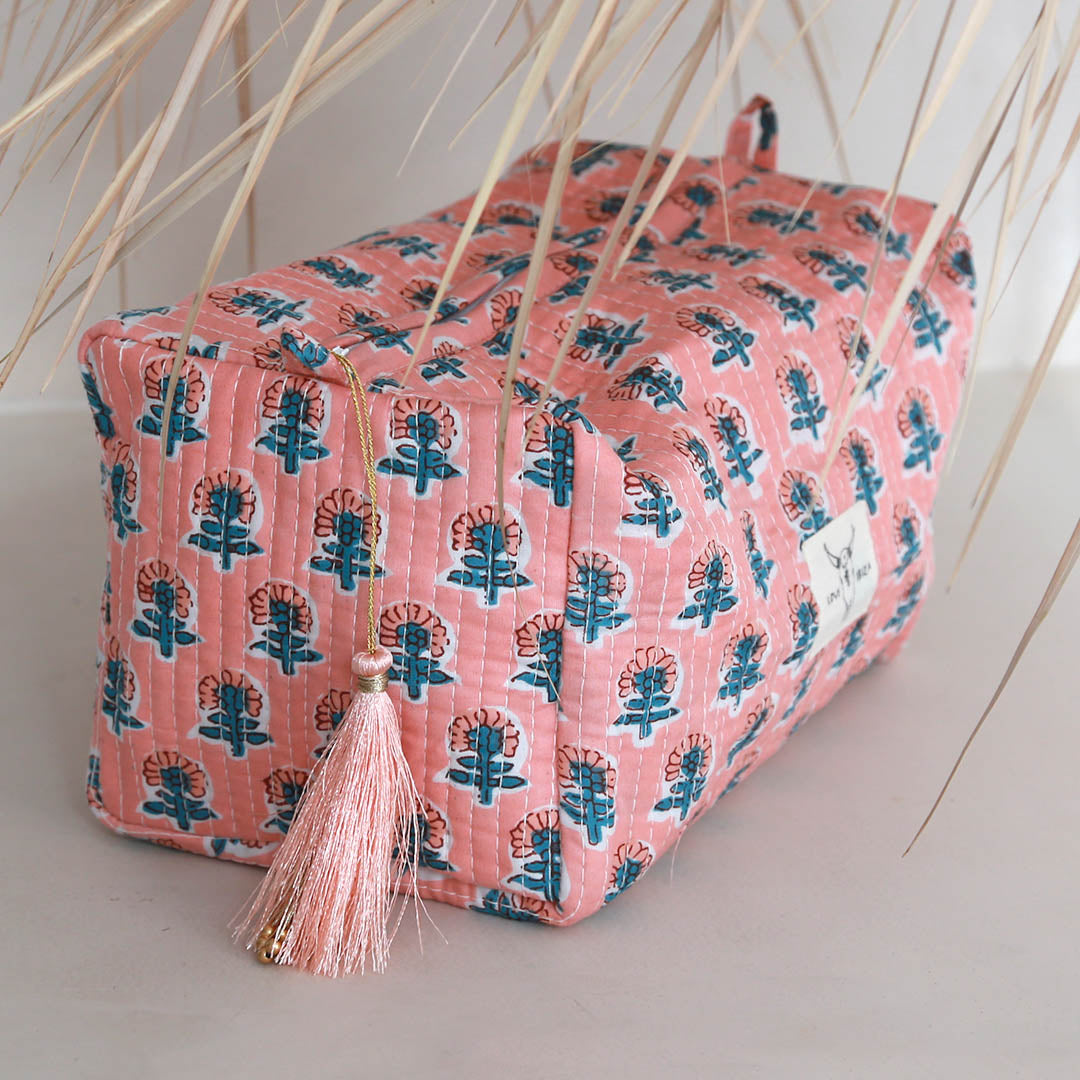 Blockprint toiletry bag floral coral