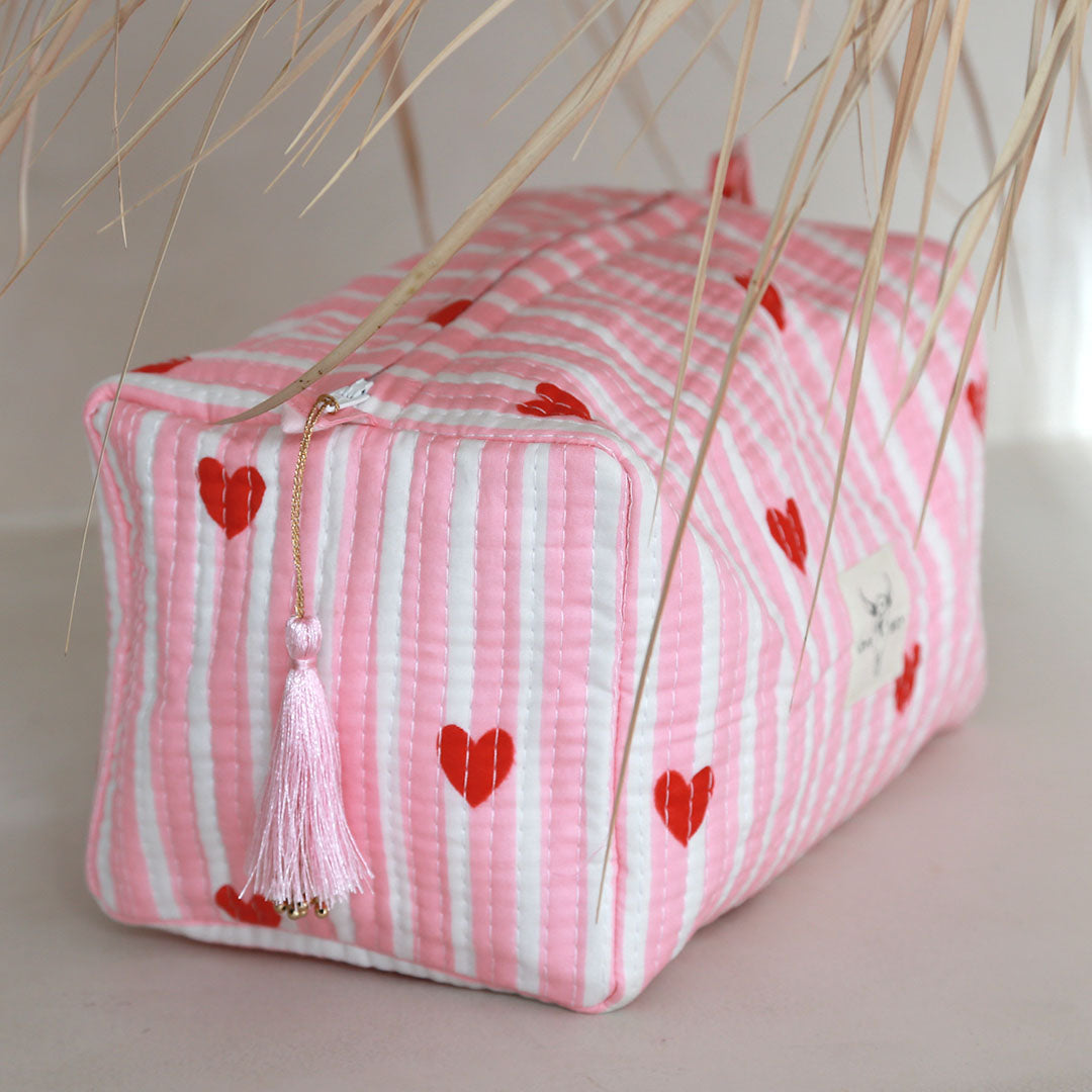 Blockprint toiletry bag heart pink