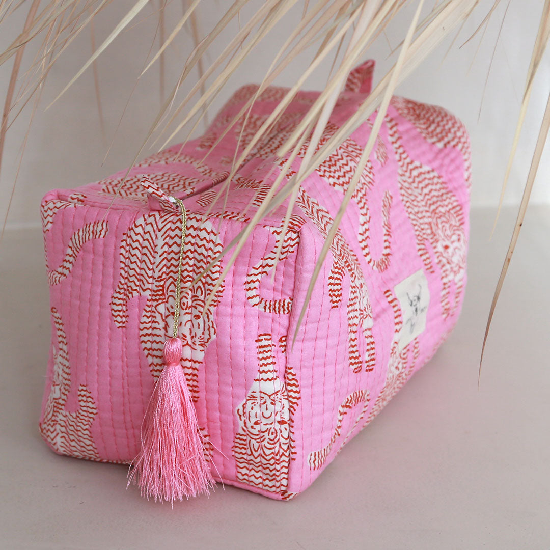Blockprint toiletry bag leopard pink